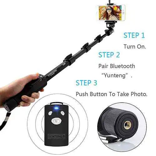 Yunteng YT 1288 Bluetooth Selfie Stick - Black, with Remote - Image 5