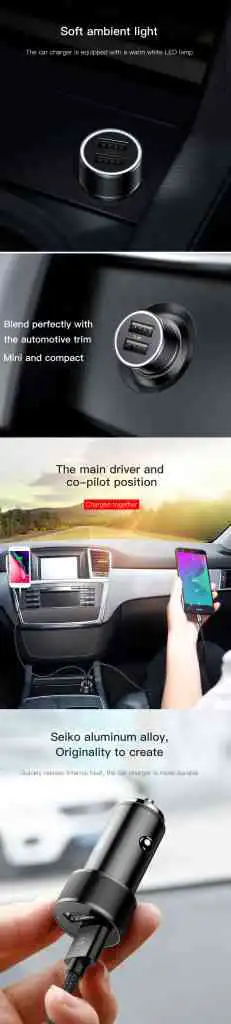 Baseus Small Screw 3.4A Dual USB Car Charger with Type-C Cable for Samsung S9 S8 Xiaomi