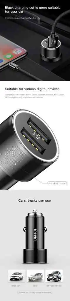 Baseus Small Screw 3.4A Dual USB Car Charger with Type-C Cable for Samsung S9 S8 Xiaomi