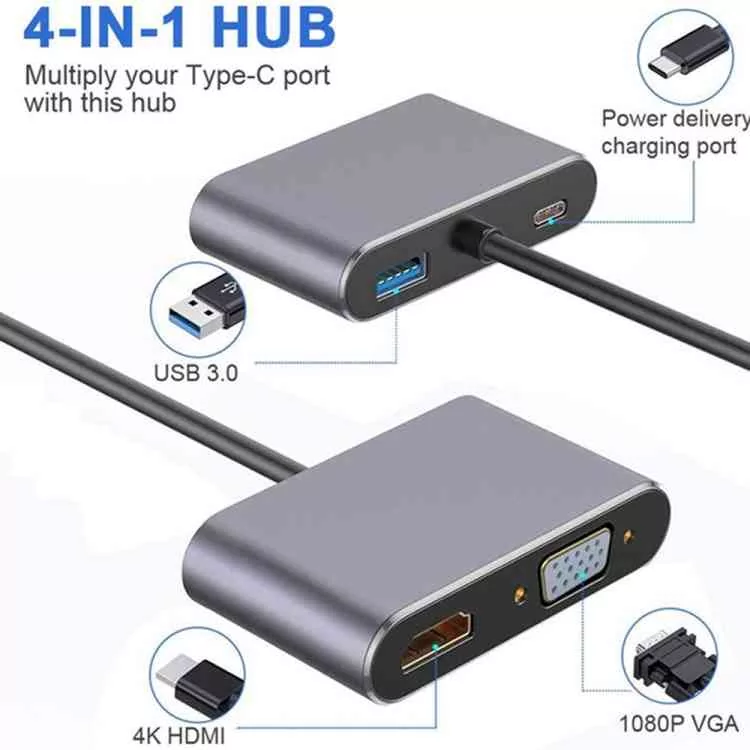USB C to HUB PD HDMI VGA Adapter 4K 4-in-1
