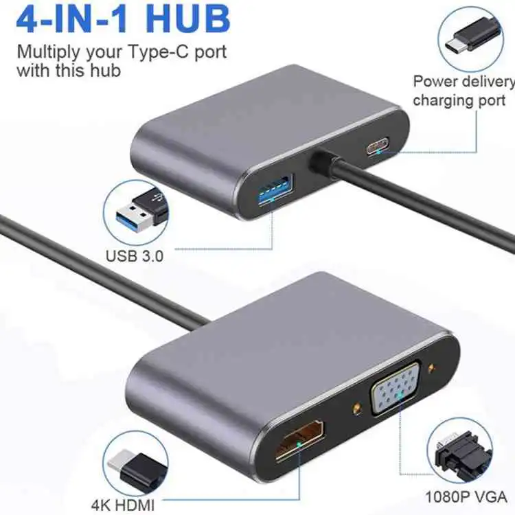 USB C to HUB PD HDMI VGA Adapter 4K 4-in-1