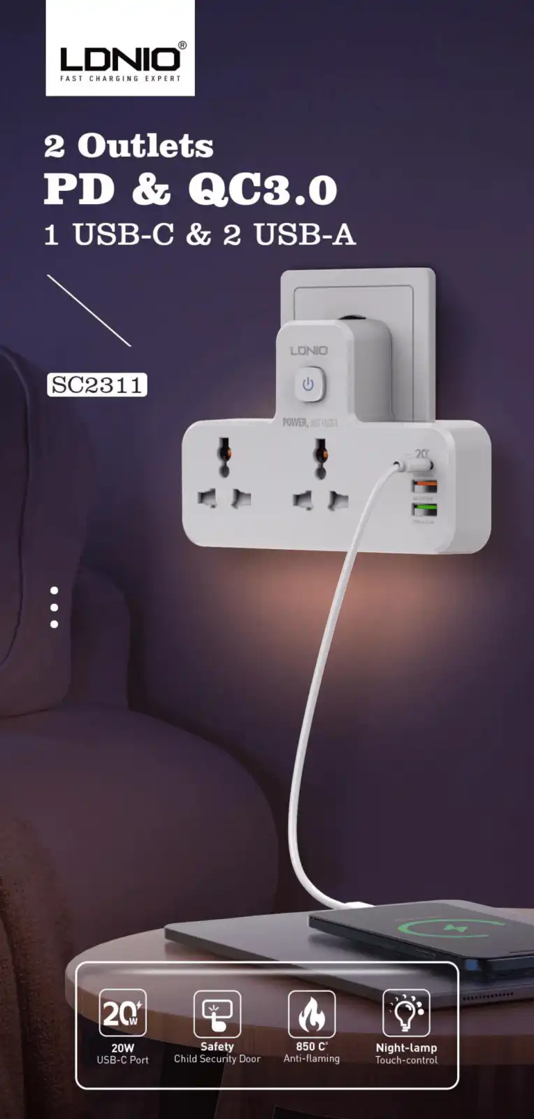 LDNIO Power Socket 2 Port with 2 USB and 1 USB-C