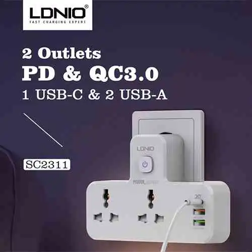LDNIO Power Socket 2 Port with 2 USB and 1 USB-C PD & QC3.0 UK Plug