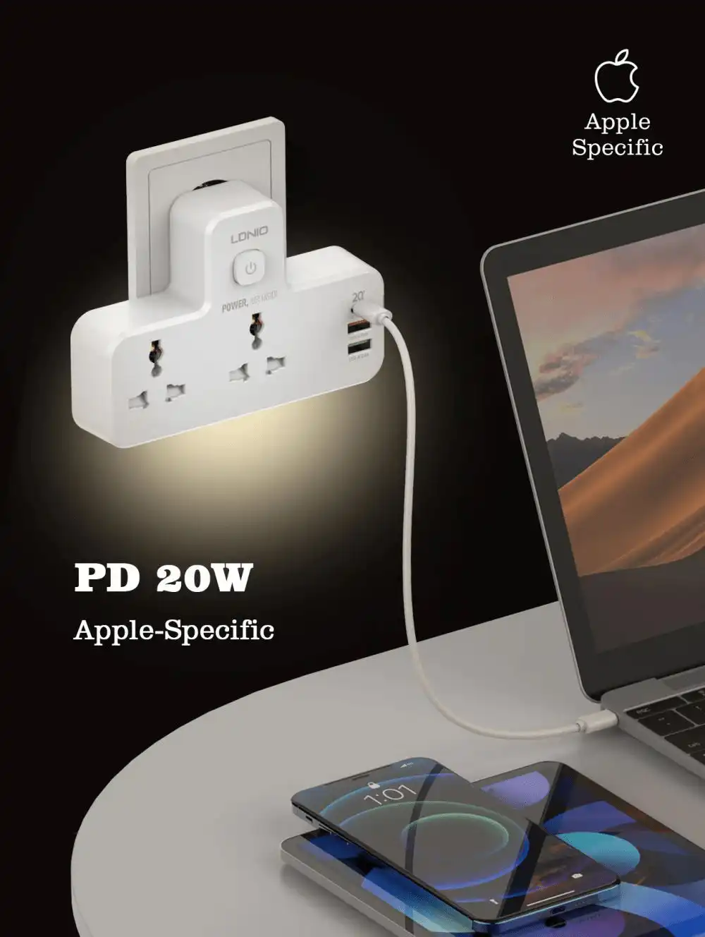 LDNIO Power Socket 2 Port with 2 USB and 1 USB-C