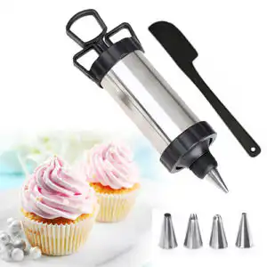 Cake Decorating Piping Gun Pastry Icing Steel Gun 4 Nozzle Tip Set