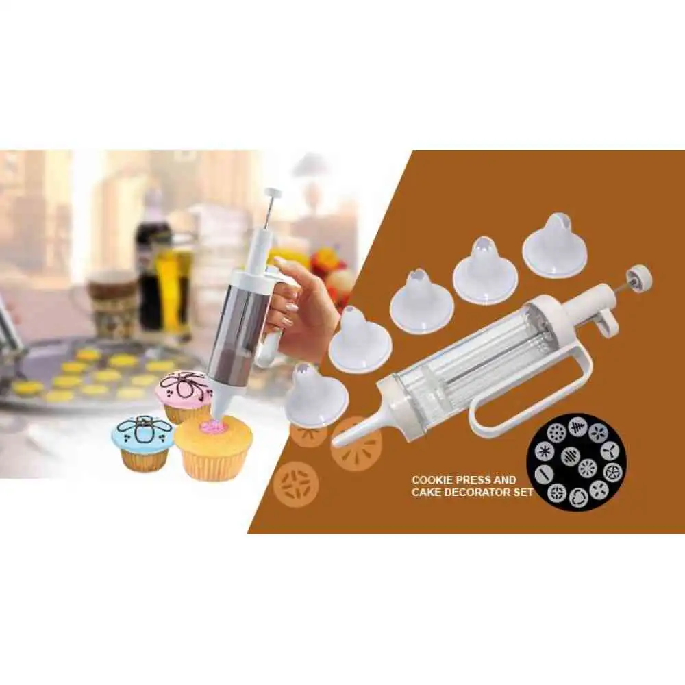 Cookie Press and Cake Decorator set 12 plastic disks in a wide assortment of shapes & 6 piece Funnel Icing Tips.