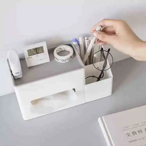 Tissue Box with Pen Holder Desk Organizer Storage Box@ido.lk