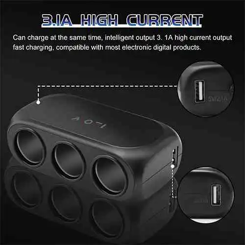 3 Port Car Cigarette Lighter Splitter with Dual USB Ports Car Charger @ ido.lk