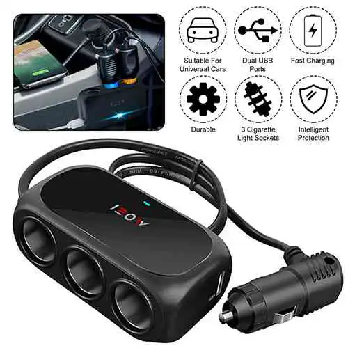3 Port Car Cigarette Lighter Splitter with Dual USB Ports Car Charger @ido.lk