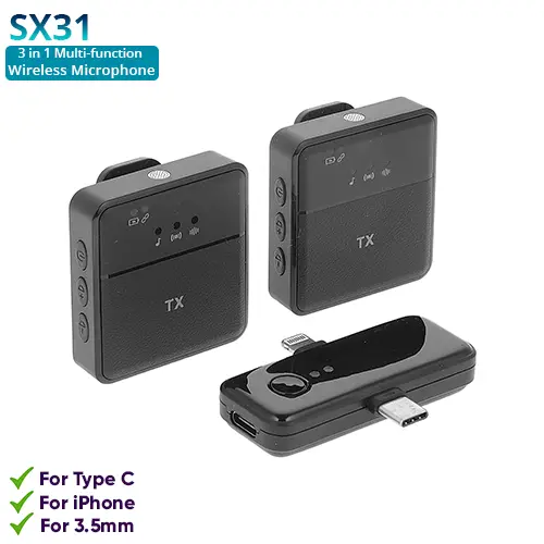 SX31 Wireless Dual Microphone for iPhone Type C Devices and 3.5mm