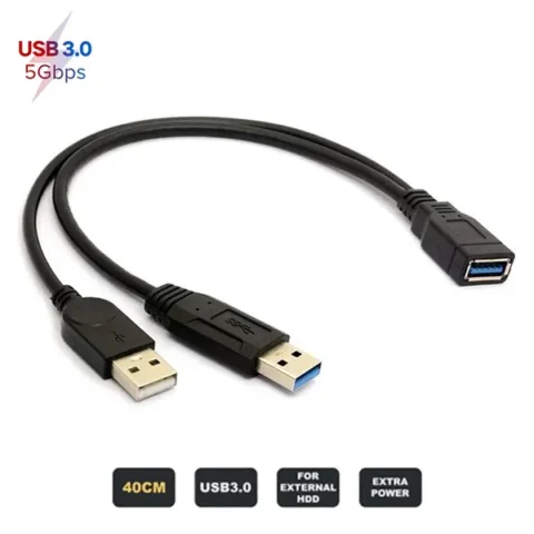 USB 3.0 Female to Dual USB Male Extra Power Data Extension Cord