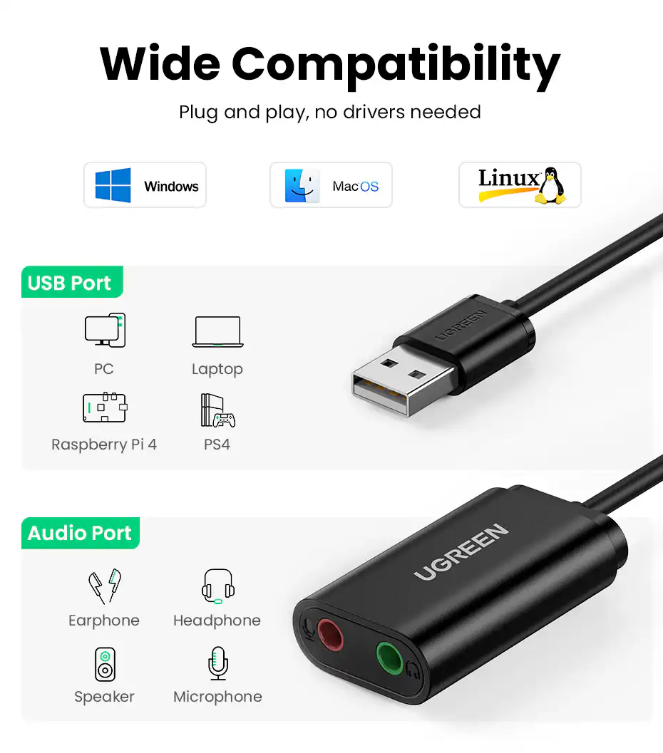 UGREEN USB External Stereo Sound Card 3.5mm Headphone Microphone Jack in Sri Lanka | ido.lk