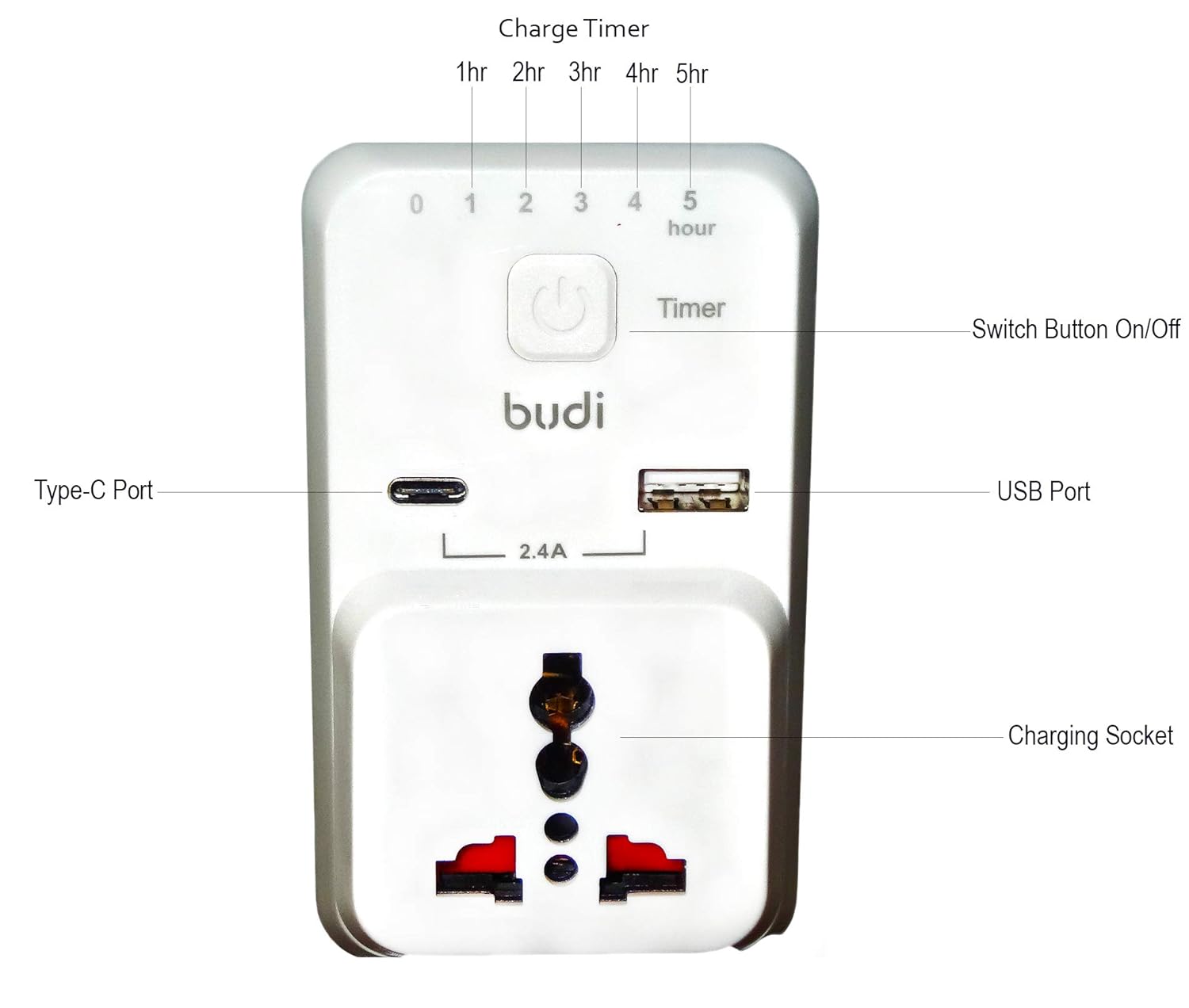 Budi 3 Pin Timer Home Charger 2.4A with USB Type-C Charging Socket in Sri Lanka | ido.lk