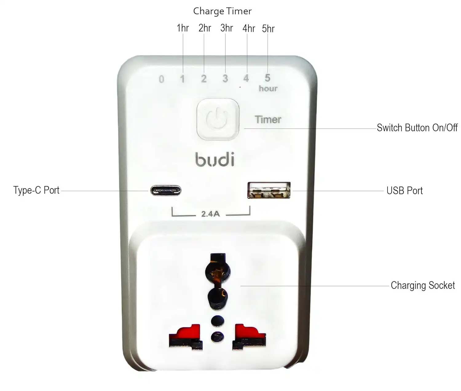 Budi 3 Pin Timer Home Charger 2.4A with USB Type-C Charging Socket in Sri Lanka | ido.lk