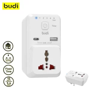 Budi 3 Pin Timer Home Charger 2.4A with USB Type-C Charging Socket @ido.lk