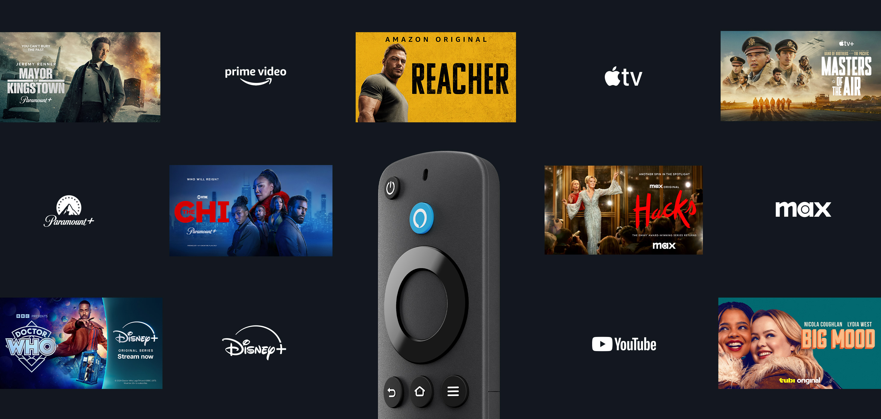 Checkerboard montage of scenes from various shows is with logos from streaming services like Prime Video, Hulu, Apple TV, Max.