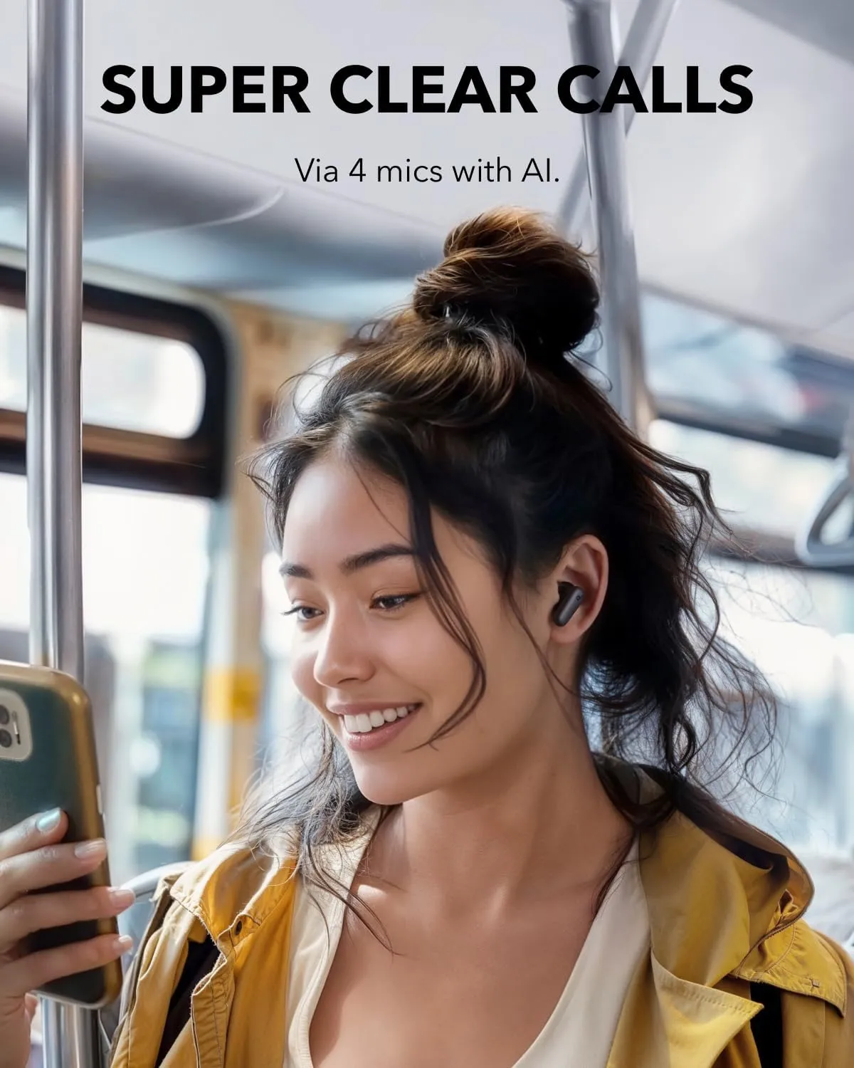 Anker SoundCore R50i NC earbuds in use, demonstrating adaptive noise cancellation