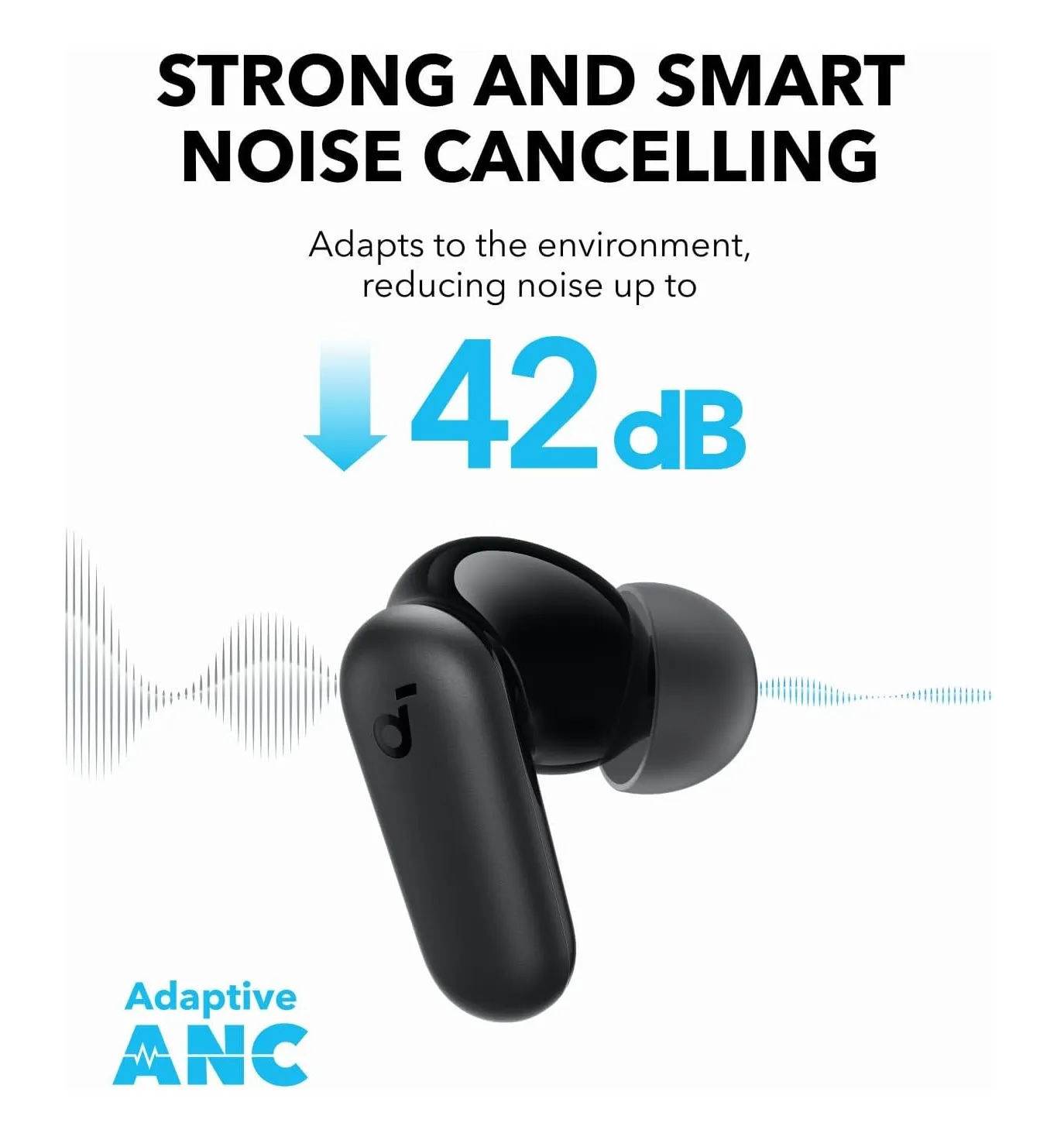 Close-up of Anker SoundCore R50i NC earbuds showcasing sleek design and compact size