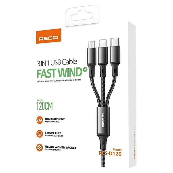 Recci 3 in 1 USB Cable 1.2M Fast Charging Wind RCS-D120 @ ido.lk