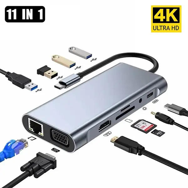USB Type C 11 in 1 Hub HDMI + VGA+ LAN Multiport Adapter@ido.lk