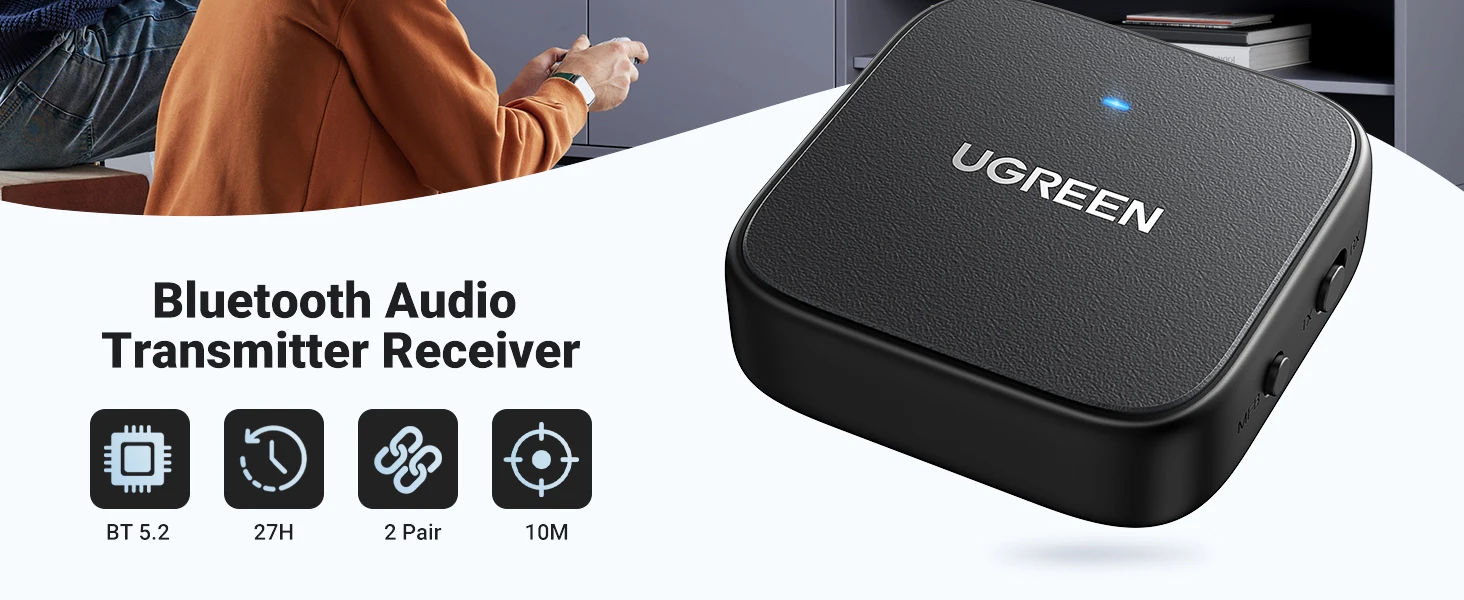 UGREEN CM667 | 35223 Bluetooth Receiver Transmitter Adapter 2-in-1 Wireless Bluetooth 5.2 3.5mm Aux Audio Adapter for TV, Car