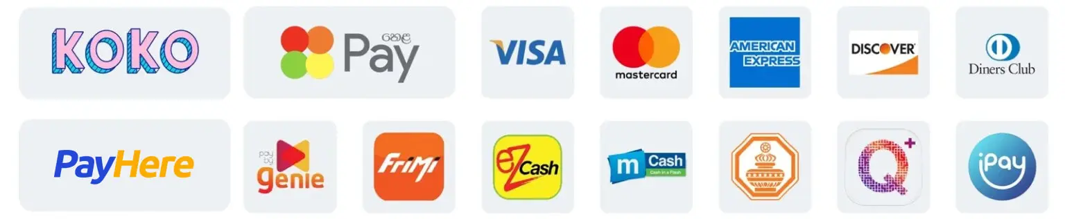 Payment methods: KOKO, Visa, Mastercard, Amex, PayHere, etc.
