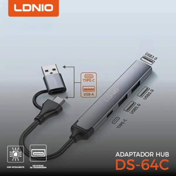 LDNIO USB + Type C to USB 3 Port Hub and 1 Type C DS-64C @ ido.lk