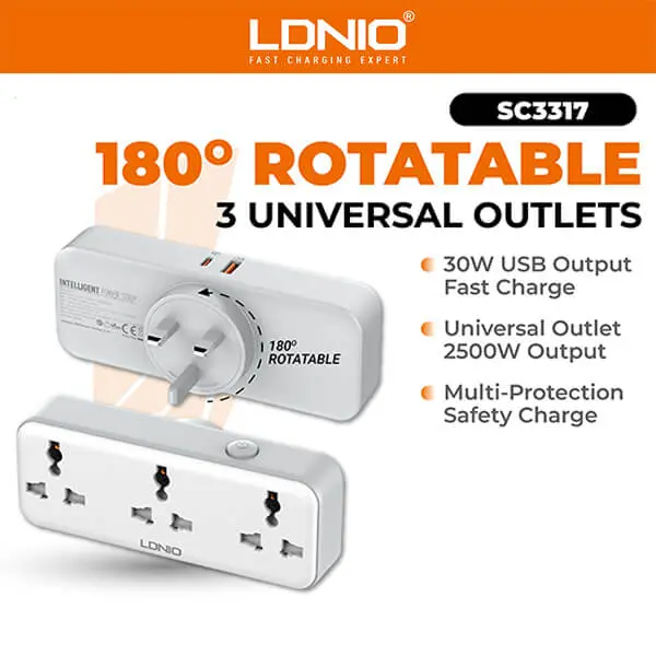 LDNIO SC3317 3 AC Outlets Portable Power Socket 2500W @ ido.lk