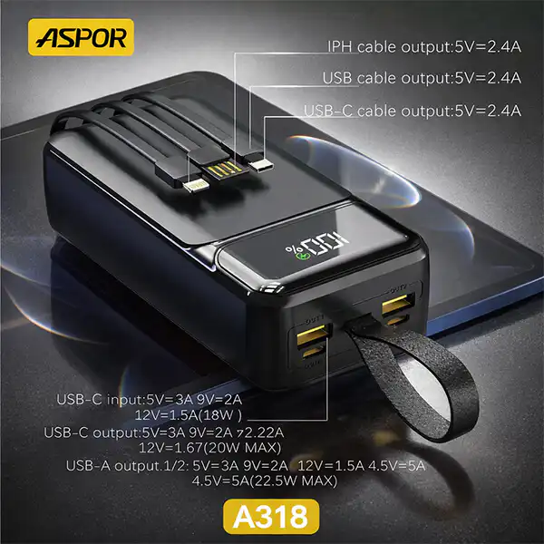 Aspor A318 40000mAh Power Bank 22.5W Fast Charging Sri Lanka@ ido.lk