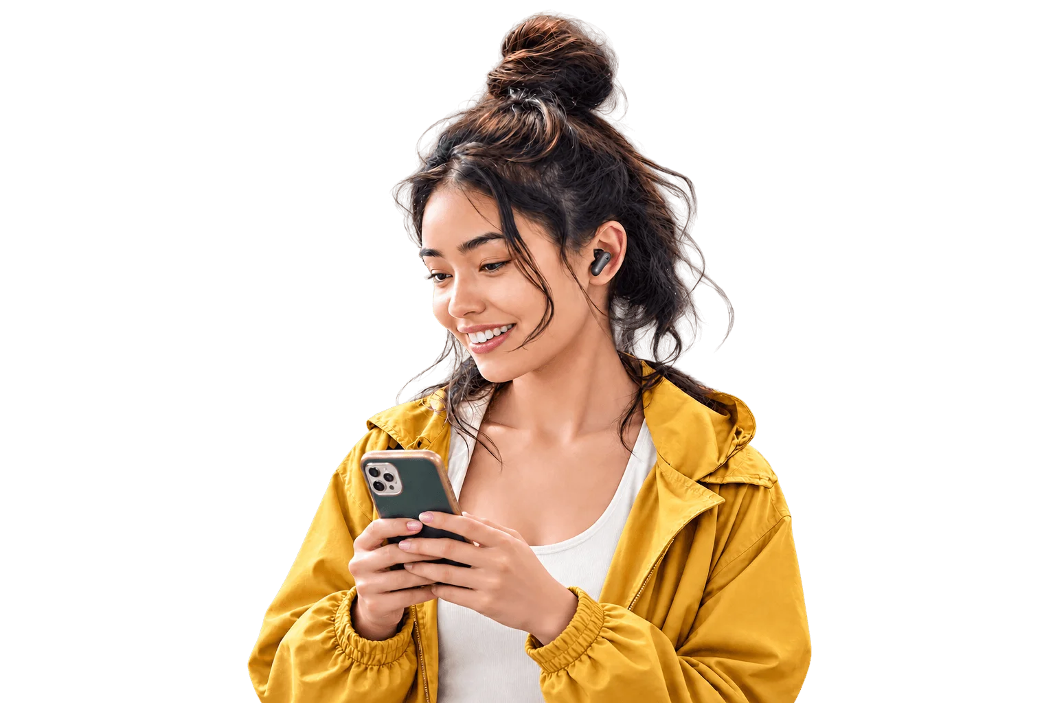 Woman wearing wireless earbuds and holding a phone